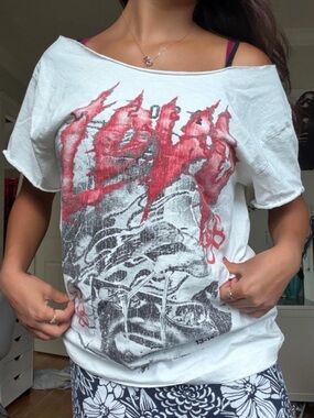 Women’s Off-Shoulder Festival Graphic Tee in White with Red Print
